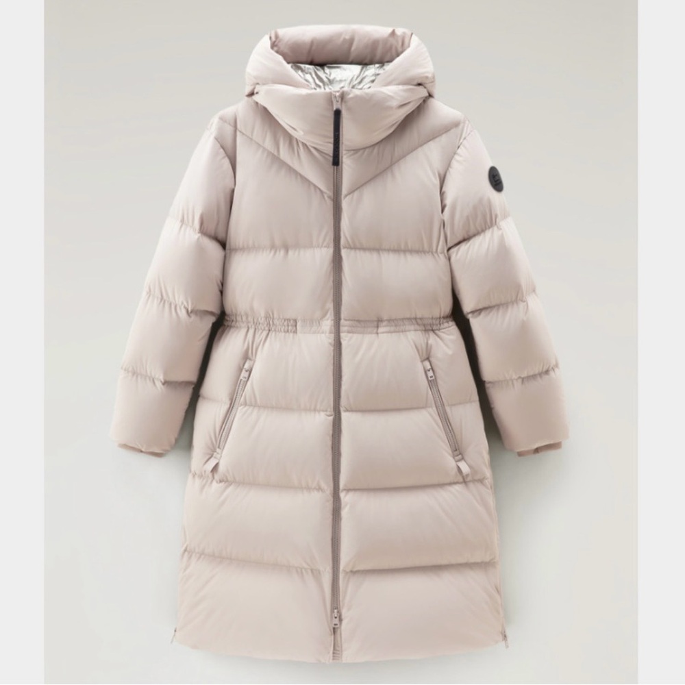Woolrich Light Taupe Long Down Parka Stretch Nylon Hood - Picture 4 of 10